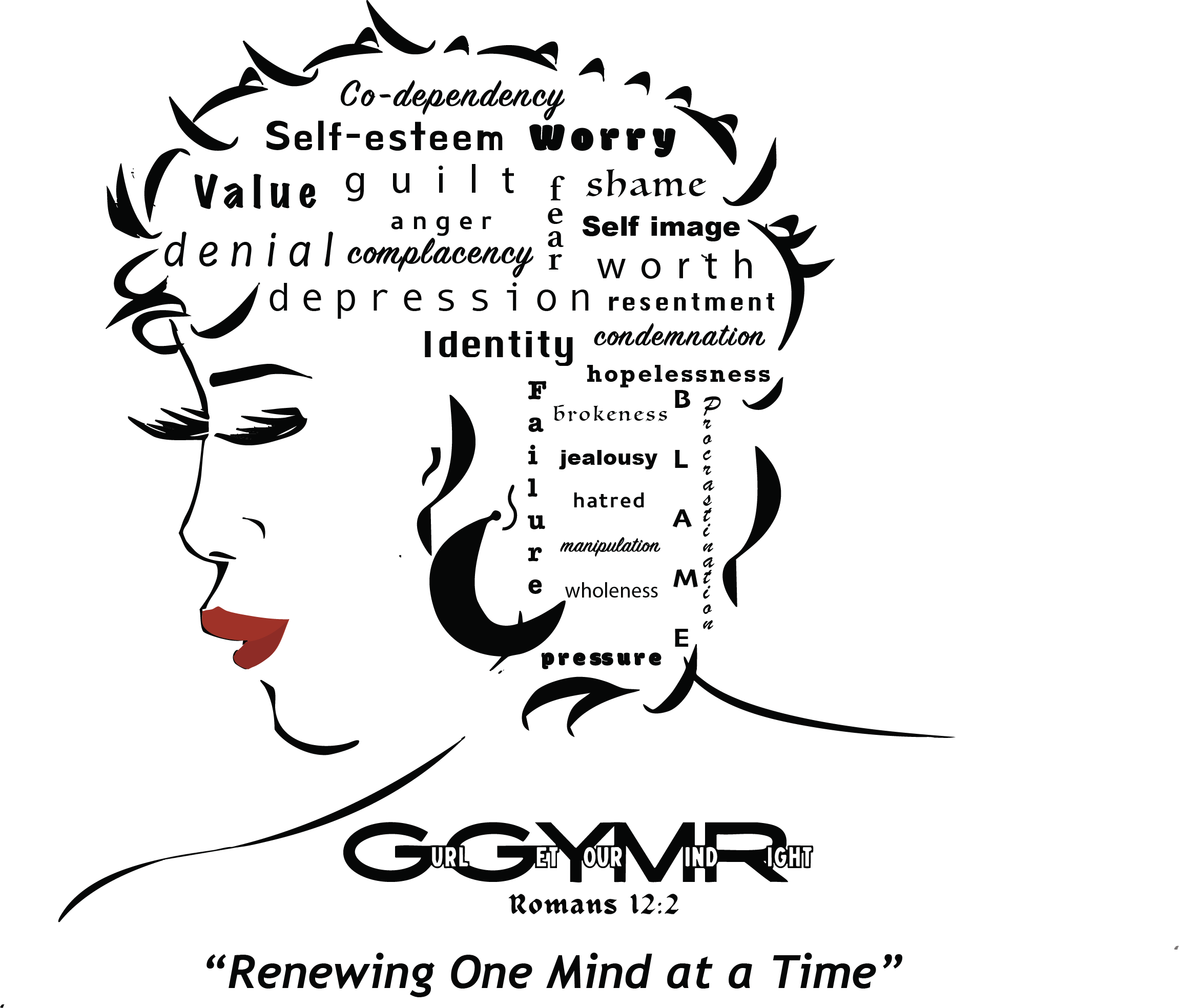 GGYMR ministry graphic — a woman's silhouette surrounded by words of bondage (worry, shame, guilt, depression), renewed by the Word. Romans 12:2, "Renewing One Mind at a Time"