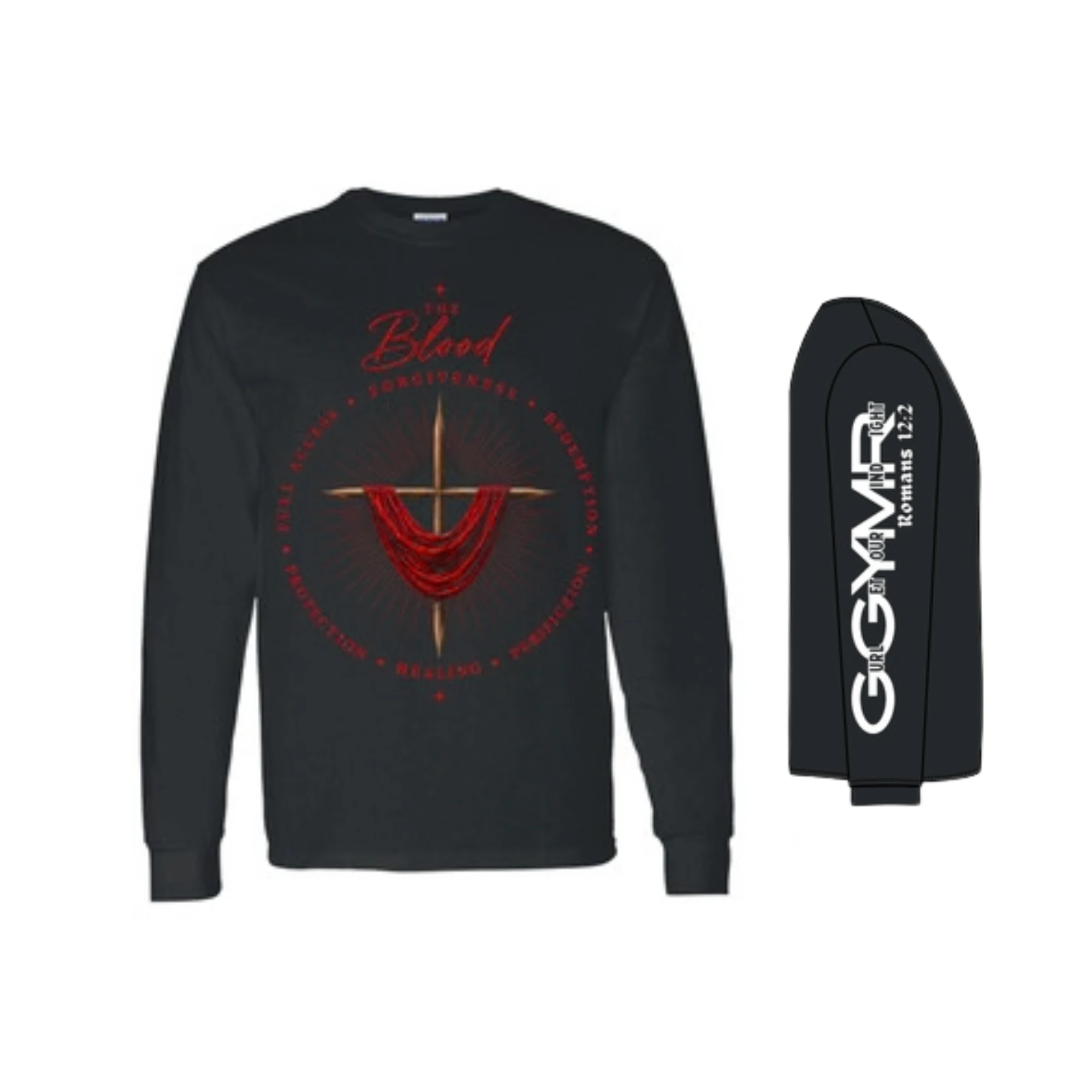 "The Blood" black long-sleeve tee with cross graphic