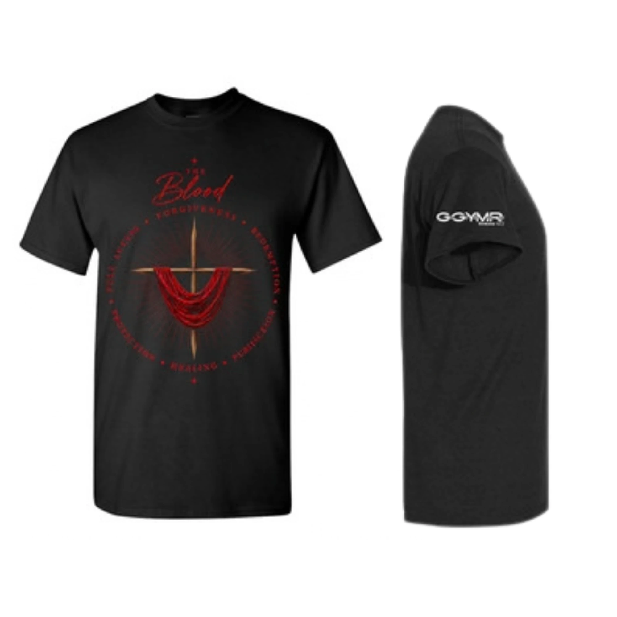 "The Blood" black short-sleeve tee with cross graphic