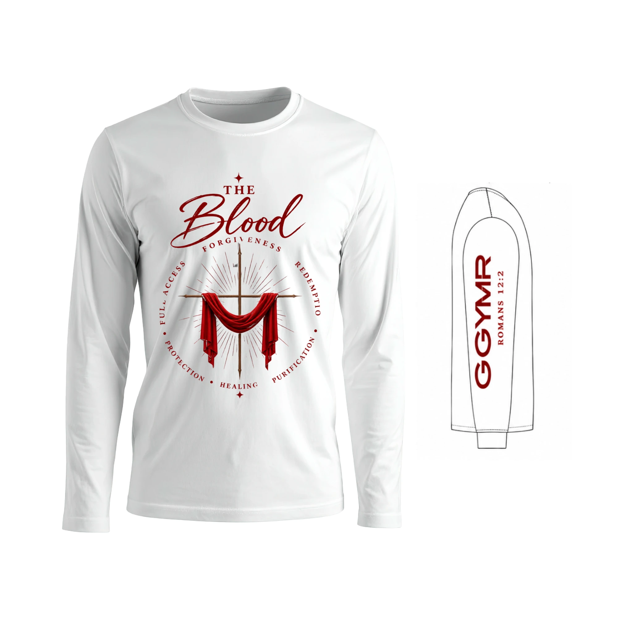 "The Blood" long-sleeve tee with cross graphic